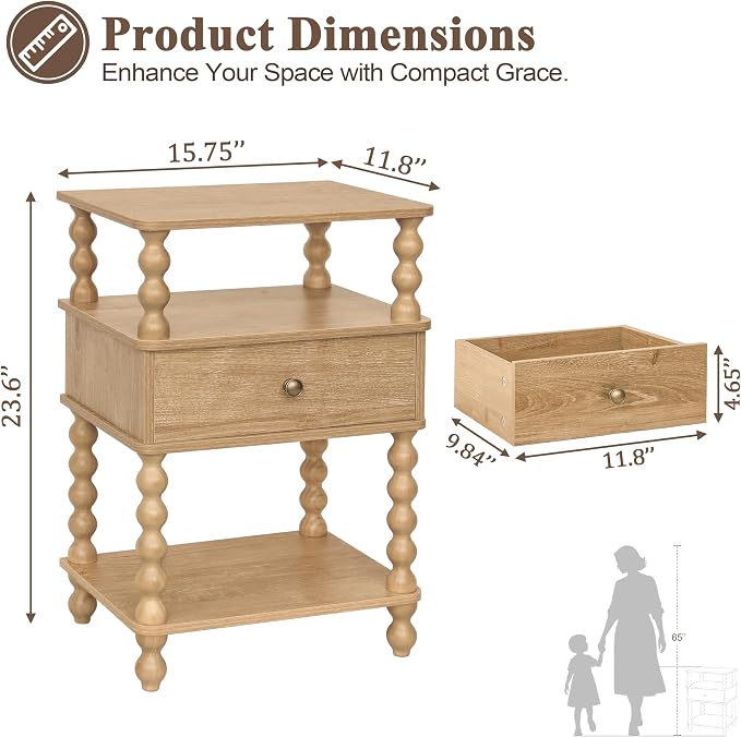 AWASEN Nightstand with Drawer, Walnut Bedside Table with Storage, End Table | - Image 2