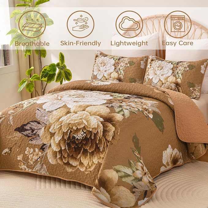 WONGS BEDDING Fall Brown Floral Quilt Set King, 3 Pieces Reversible Lightweight - Image 2