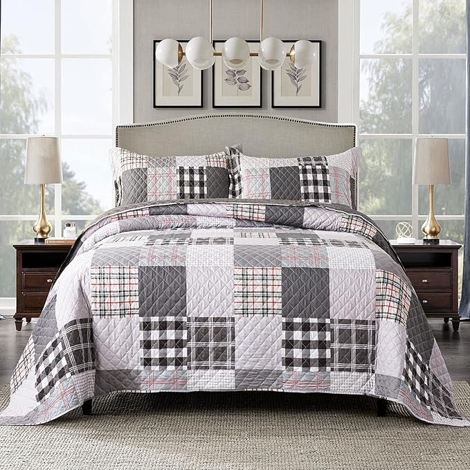 Quilt Set 3-Piece Oversized Quilted Bedspread Coverlet Set Grey European by Travan