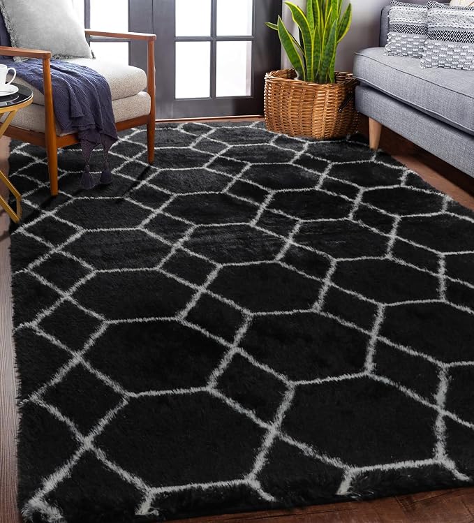 Area Rugs for Bedroom Living Room, Fluffy 4x6 Black and White Rug, Geometric - Image 6