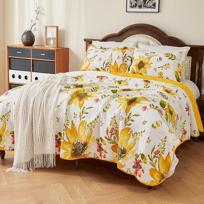 EVENHUG 100% Cotton Quilt Queen Size Yellow Sunflower Bedding Set Floral - Image 2