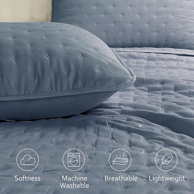 ROARINGWILD Dusty Blue Queen Size Quilt Bedding Set, Lightweight Soft Bedspread - Image 3