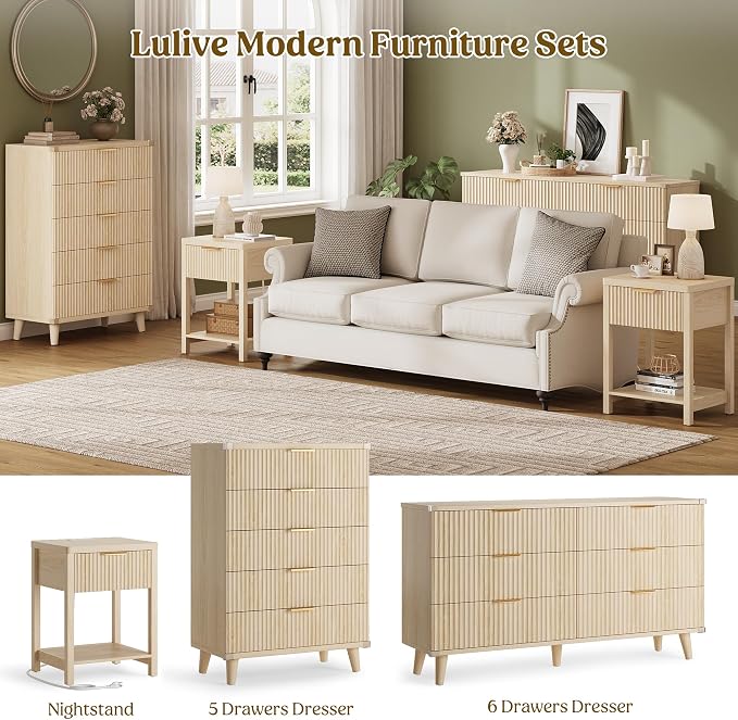 Night Stand Set 2, Fluted Wood Nightstands w/Charging Station - Image 9