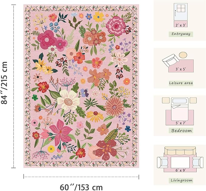 Latte&Fog 3x5 Entryway Area Rugs, Washable Floral Pink Rugs - Image 2