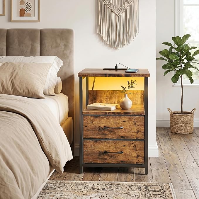Fixwal Night Stand with Charging Station, Led Nightstand, 2 Fabric Drawers | - Image 6