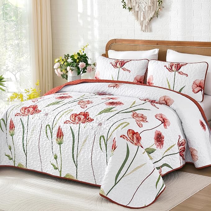 WONGS BEDDING Red Quilt Set Queen Size, Cute Red Floral Botanical Bedspread - Image 5