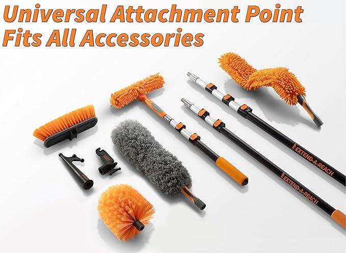 24 Foot High Reach Duster Kit with 5-18 ft Extension Pole // High Ceiling Dusting and Window Cleaning Kit with Telescopic Pole // Window Washer & Squeegee, Cobweb Duster, Fan Blade and Feather Dusters