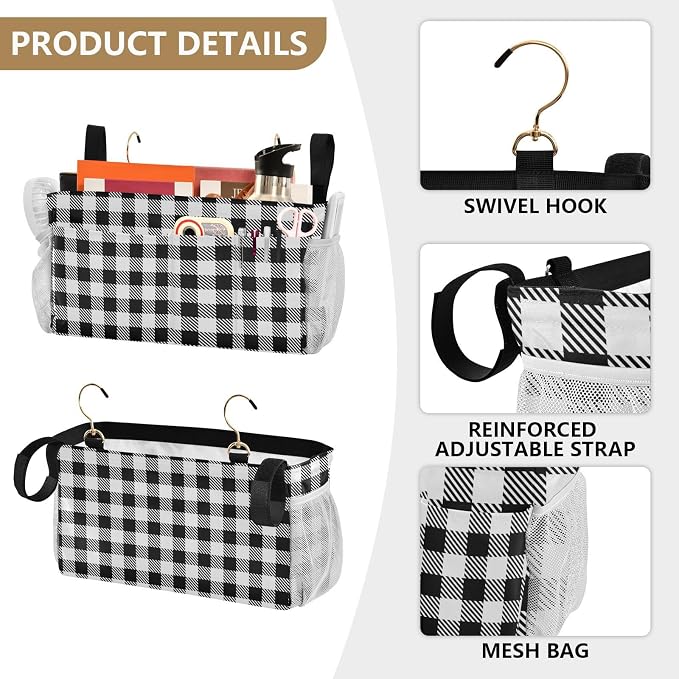 Buffalo Plaid Check Black Print Bedside Caddy Storage Bag Bedside Organizer - Image 5