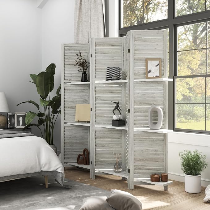 HOMCOM Room Divider with Shelves, 5 Panel, Distressed White | Wood Privacy - Image 2