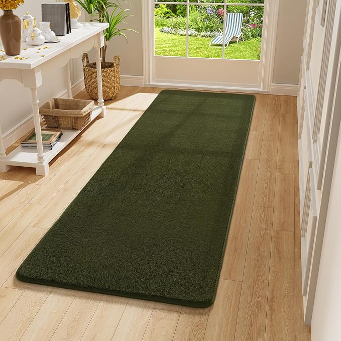 Modern Soft Hallway Runner Rug, 2x6 Olive Green Washable Runner Rug | Fluffy - Image 7