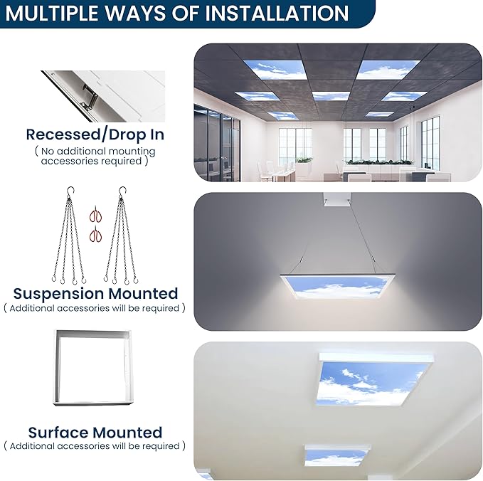 4 Pack 2x4 LED Flat Panel Light Drop Ceiling Fixture with Cloud Design, 7000LM Tunable 20W-40W, 3000K-6500K 0-10V Dimmable Skylight Recessed Fixture for Office Shop, ETL & DLC 24x24 Inch LED Panel
