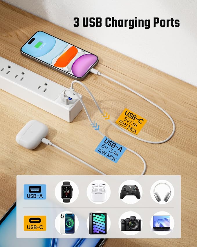 15Ft Long Extension Cord, SUPERDANNY Flat Plug Surge Protector Power Strip | 6 - Image 5