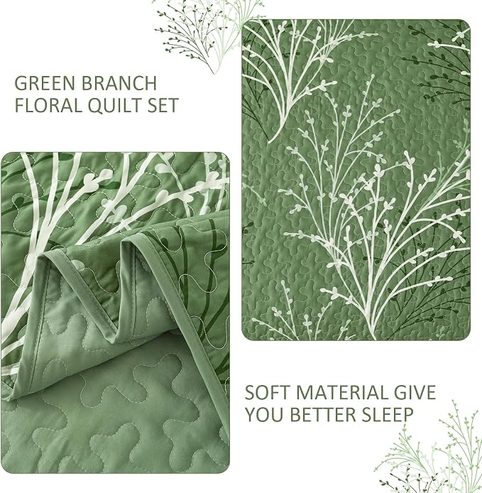 DJY Green Quilt Set Queen Size Branch Bedspread Coverlet Set, 3 Piece Olive - Image 4
