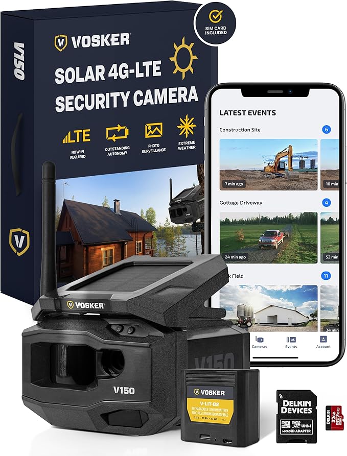 Vosker V150 Solar-Powered LTE Cellular Home Security Outdoor Camera | Motion Activated Sensor Nightvision Wireless Camera | Receive Photos on Your Mobile App (V150-US-MSD32GB)