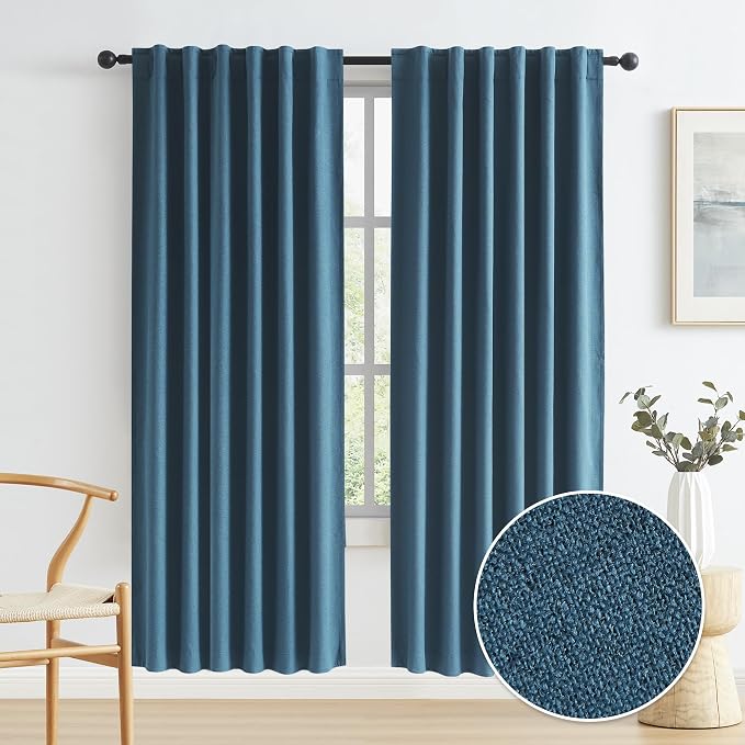 Full Blackout Linen Textured Curtains 72 Inch Long 2 Pcs, Back Tab Hook Belt by KEQIAOSUOCAI