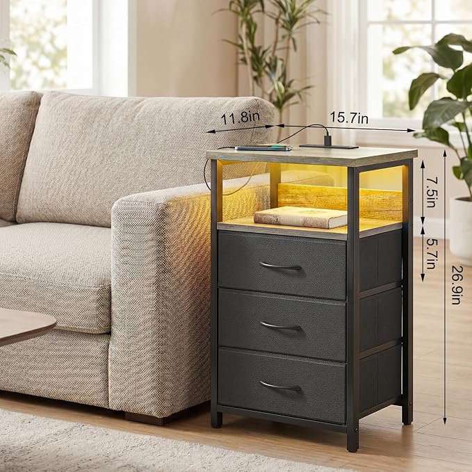 Fixwal Night Stand with 3 Fabric Drawers, Nightstand with Charging Station | - Image 3