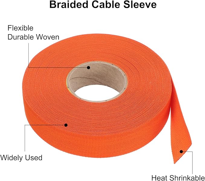 MECCANIXITY Braided Cable Sleeves Heat Shrinkable Fabric Sleeving, 7/8" 60ft Orange 2:1 Ratio Heat Shrinkable Cord Protector for Harness Cable, Network Cable Protection, Cable Management