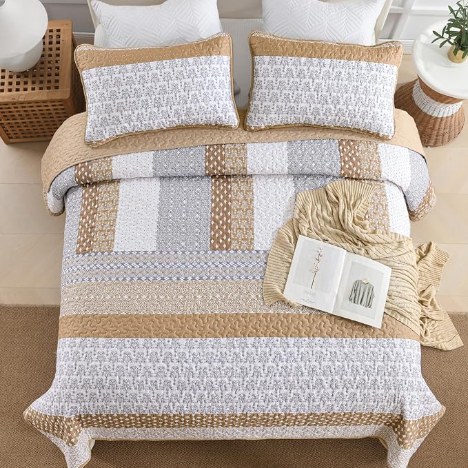 WONGS BEDDING Brown King Quilt Bedding Set, Bohemian Stripe Bedspread | - Image 3