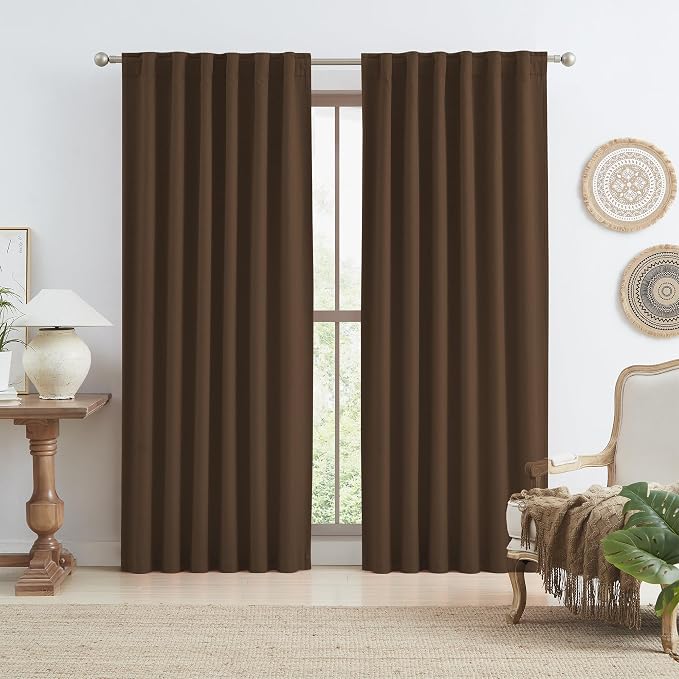 Brown Linen Blackout Thick Curtains 96 Inch Long by KEQIAOSUOCAI