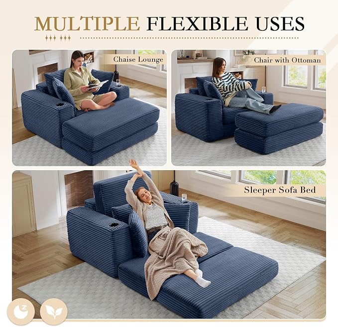 Oversized Chaise Lounge Chair Indoor, 52.4"W Corduroy Upholstered Fluffy Comfy - Image 4