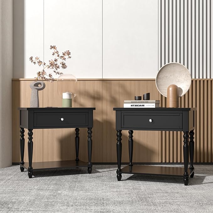 Solid Wood Nightstand with Charging Station, Traditional End Table with Drawers - Image 7