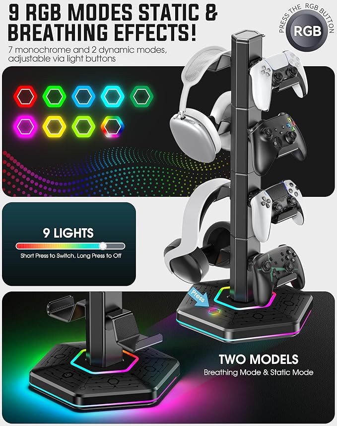 Kytok Headset And Controller RGB Stand for Xbox/ PS5/ PS4 Controller, Headphone & Remote Holder for Desk with 9 RGB Lights & 2 USB 3.0 Ports, Gaming Organizers & Storage Accessories for Gaming Gift
