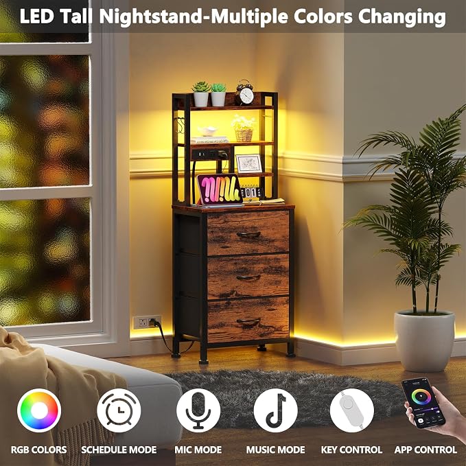 Night Stand Set 2, 45.3" Tall Bedside End Table, Rustic Brown | RGB LED Lights - Image 4
