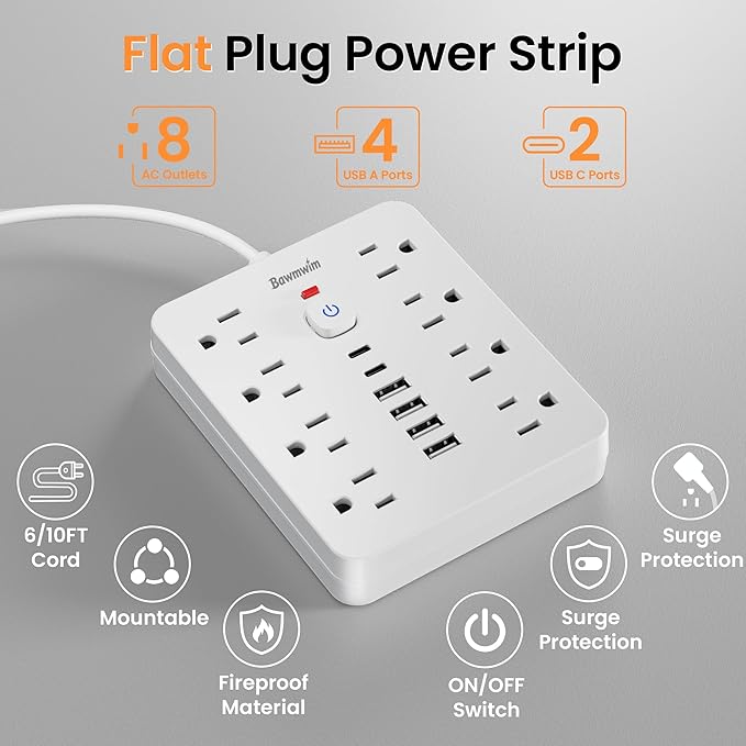 Bawmwim Surge Protector Power Strip - 8 Outlets(1250W/10A) 4 USB A（2 USB C, 10FT Flat Plug Extension Cord, Wall Mount Multi Plug Outlet Extender, ETL Listed for Home, Dorm Room