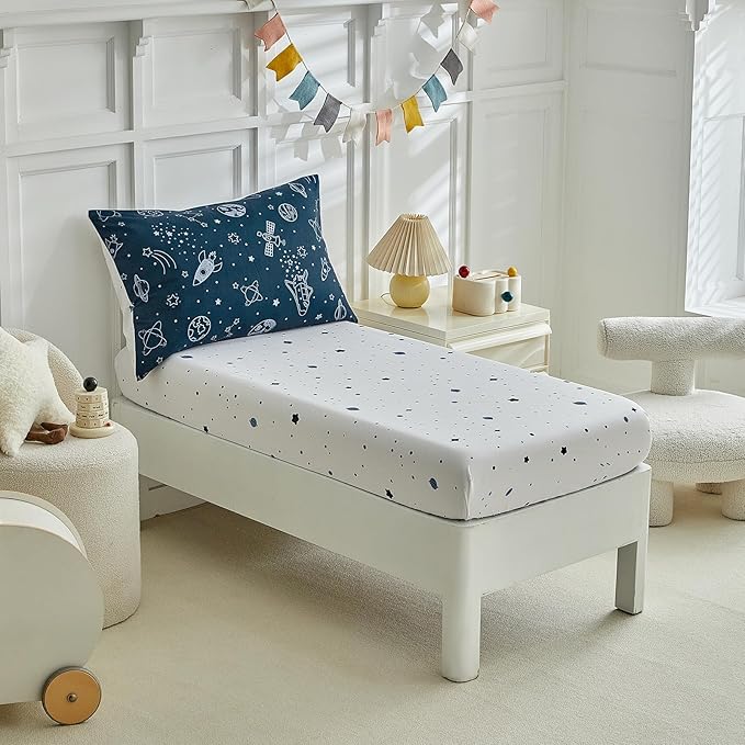 4 Pieces Toddler Bedding Set for Boy,Space Toddler Bed Comforter Set,Soft and Breathable Microfiber Crib Sheet Set,Includes Quilted Comforter, Flat Top Sheet, Fitted Sheet, Envelope Pillow Case -Blue