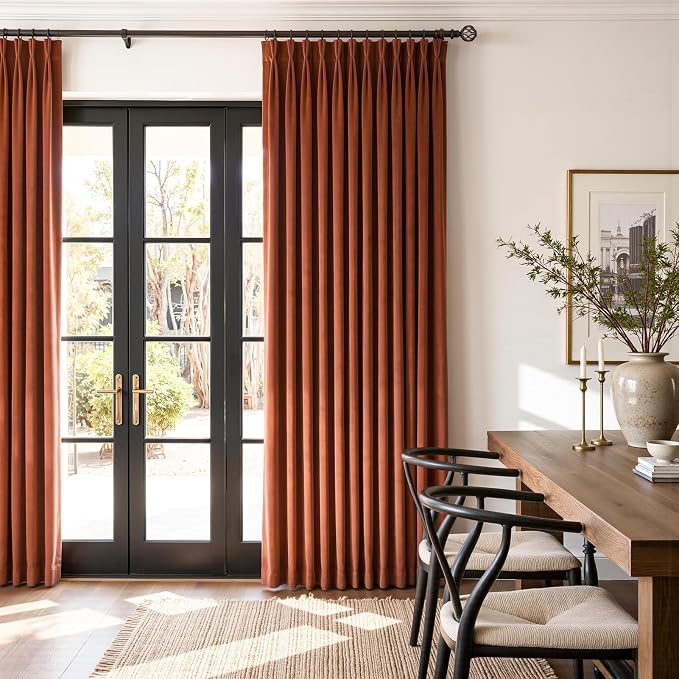 Burnt Orange Soft Velvet Pinch Pleat Blackout Curtains 96 Inches Long Thermal - Image 7