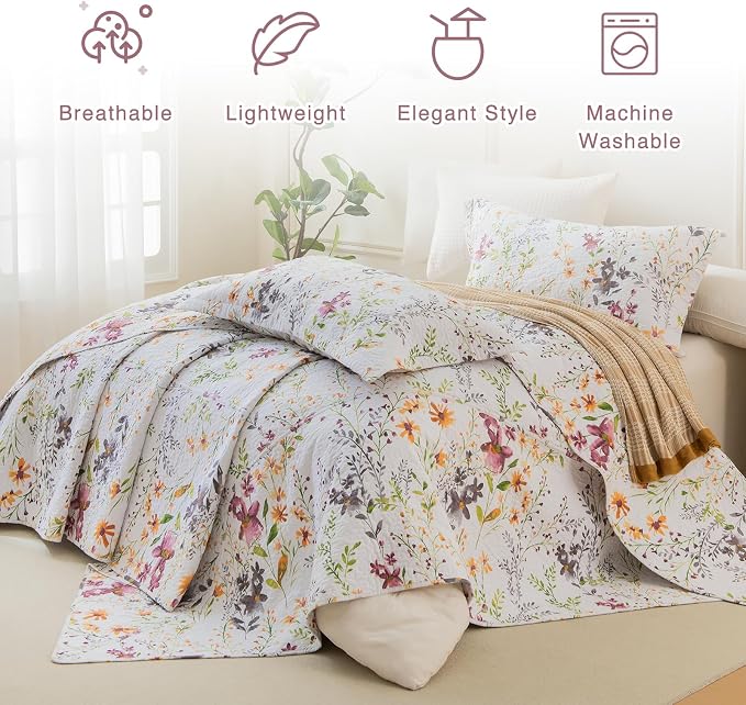 QSH 3Pcs Oversized King Bedspread Set, 100% Cotton Floral Quilt Bedding Set - Image 2