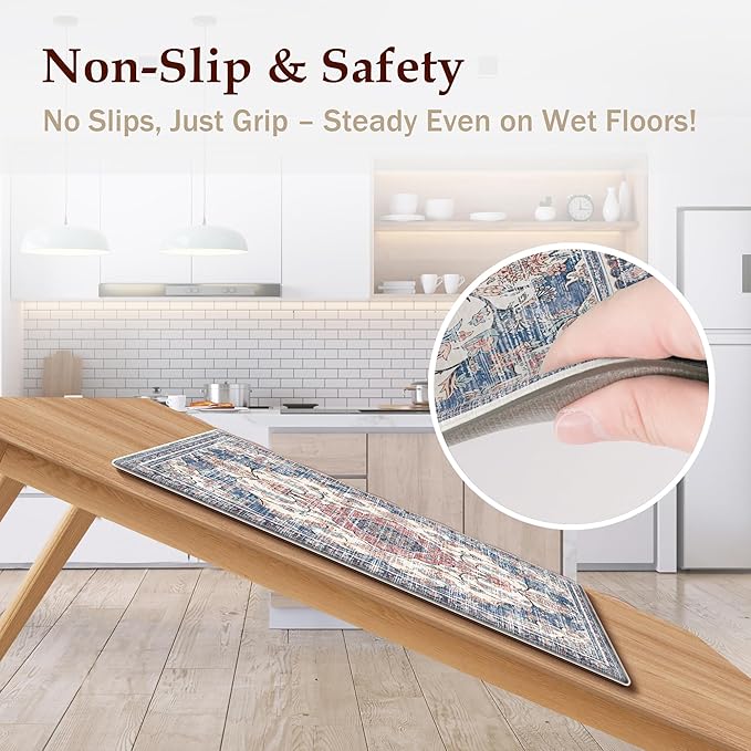 Boho Kitchen Mats for Floor 2 Piece Set Anti Fatigue Cushioned PVC Kitchen Rugs Non Slip Waterproof Farmhouse Mats 2/5 Inch Comfort Standing Mat for Sink, Laundry, 17.3"x47"+17.3"x28", Retro Blue