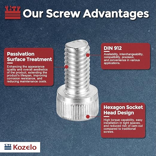 Kozelo 50pcs Socket Head Cap Screws - [M6-1 x 12mm] 304 Stainless Steel Allen Socket Drive for Electrical Motor 3D Printing Fan Engine Replacement Use, Silver