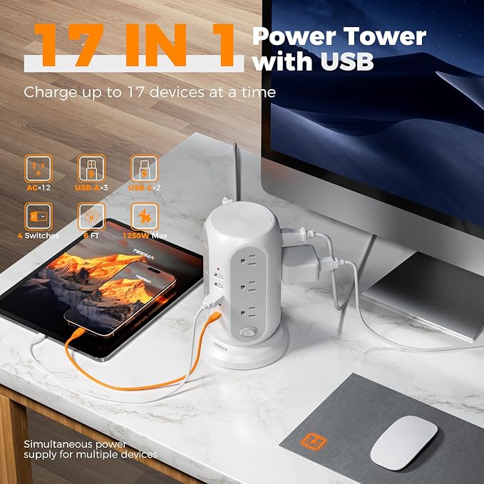 TESSAN Tower Power Strip Surge Protector, Flat Extension Cord 6 Ft, 5 USB Ports - Image 4