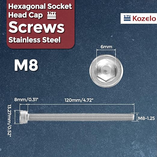 Kozelo 2pcs Socket Head Cap Screws - [M8-1.25 x 120mm] 304 Stainless Steel Allen Socket Drive for Electrical Motor 3D Printing Fan Engine Replacement Use, Silver