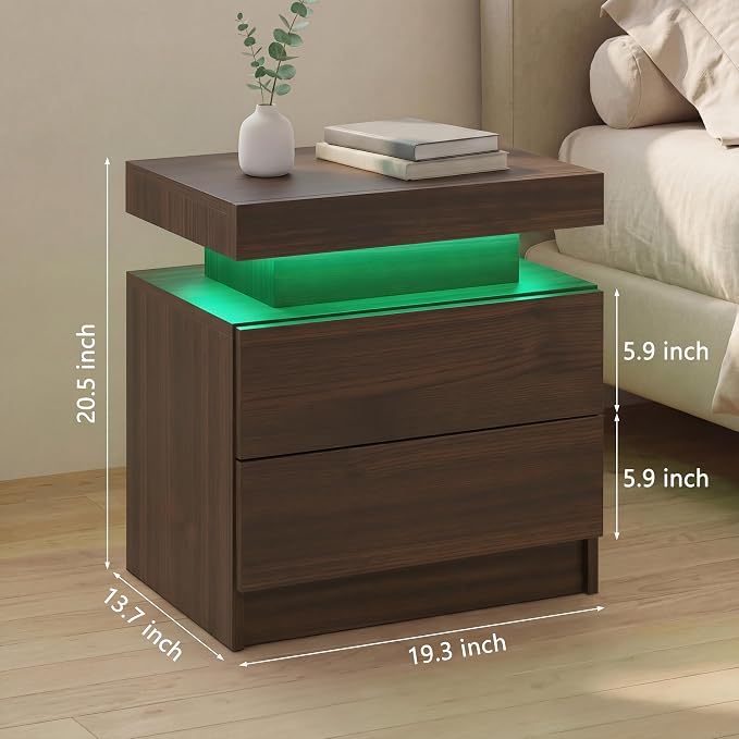LED Nightstand with Wood 2 Drawers Modern Bedside Table - Image 2
