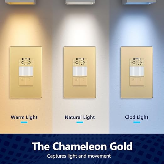 LIDER Humidity Sensor Switch and Motion Sensor Light Switch, PIR Sensor, Humidity Detection, Occupancy/Vacancy, No Neutral Required, ¼ HP, 1-Pole, Gold, Screwless Wall Plate Included