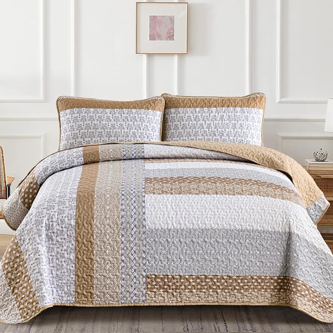 WONGS BEDDING Brown King Quilt Bedding Set, Bohemian Stripe Bedspread | - Image 8
