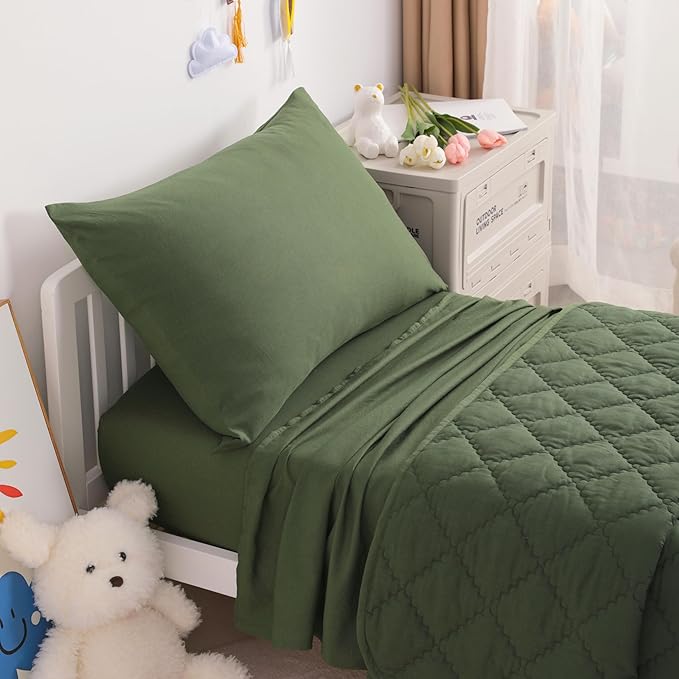 NTBAY Toddler Bedding Set - 4 Piece Soft and Breathable Crib Bedding Set for Boys and Girls, Includes Quilted Comforter, Fitted Sheet, Flat Top Sheet and Envelope Pillowcase, Olive Green