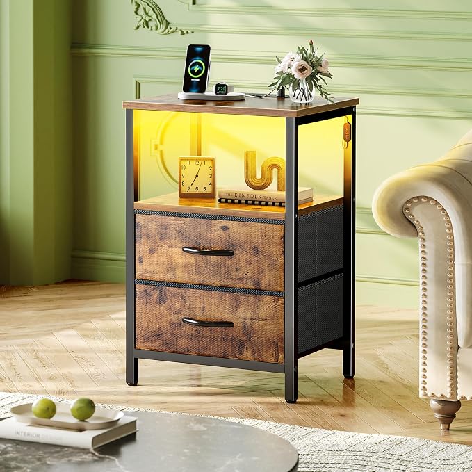 Huuger Night Stand with Charger Station and LED Lights, 2 Drawer Nightstand | - Image 2
