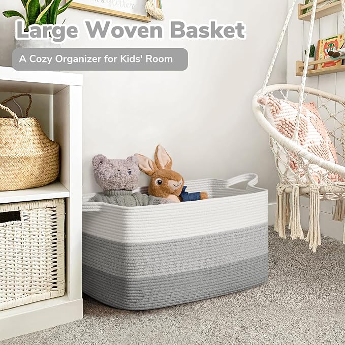 Goodpick Large Woven Rope Blanket Basket, Light Gray | 21.6'' x 14.9'' x 11.8'' - Image 2