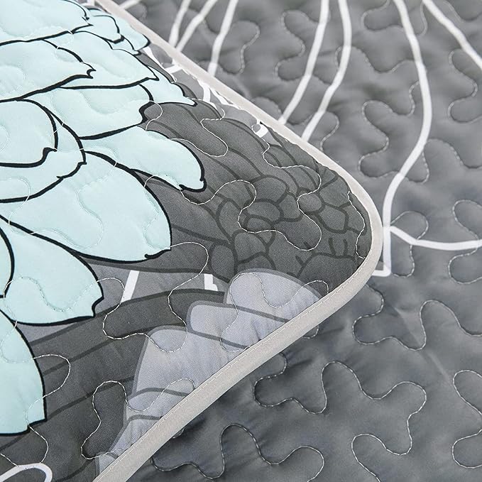 Yiran Grey Aqua Floral Quilt Set Queen Size 3 Pieces Botanical Quilt Set | - Image 4