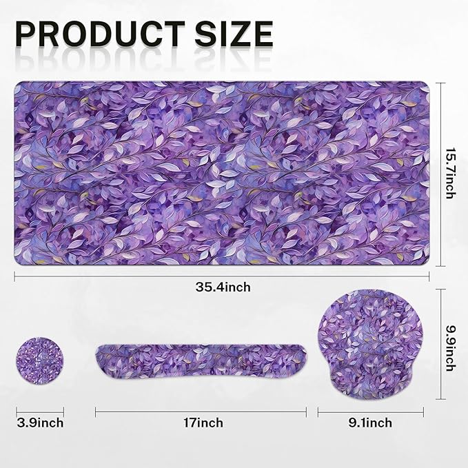 Britimes Purple Oil Painting Leaves Keyboard Mouse Pad Set Plant 4in1 Large Mousepad+Keyboard Wrist Rest+Mouse Wrist Rest+Coaster Ergonomic Design for Home Office Computer 35.4x15.7 inches