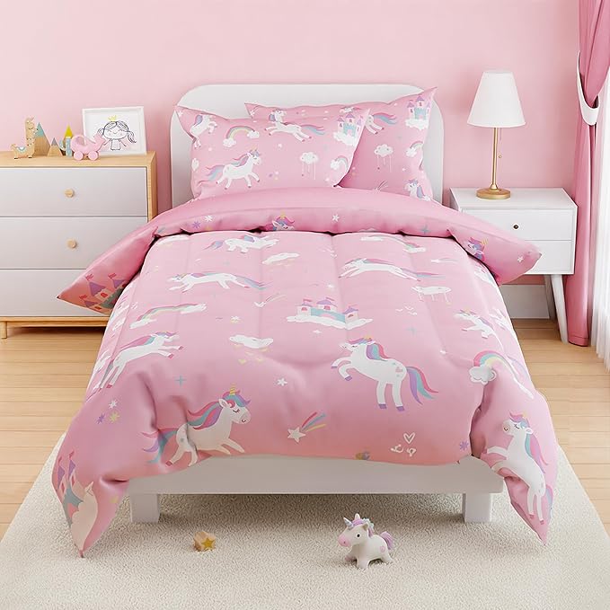 SANDJEST Unicorn Comforter Set Twin Size 68x86in for Kids Girls, Microfiber 3 Pcs Bedding Set Includes 1 Comforter, 1 Pillowcase, 1 Fitted Sheet, Nursery Room Decor