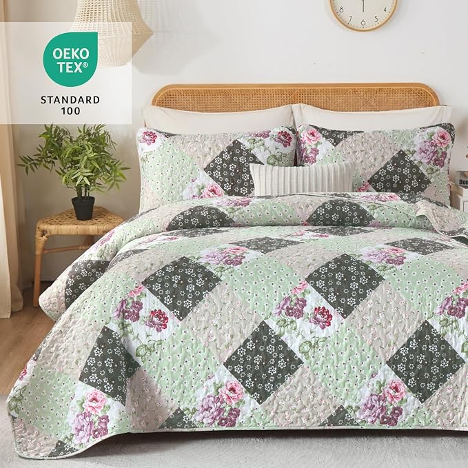 Dinjoy Boho Quilt Set Queen Size, Patchwork Floral Bedspreads, Reversible - Image 3