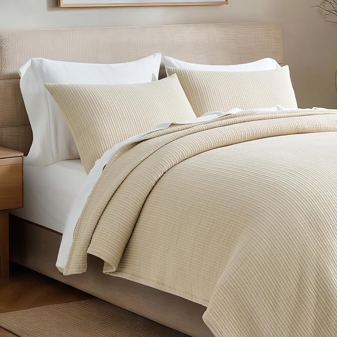 EVERGRACEHOME Cotton Gauze Matelassé Coverlet, King Size, Soft Oat | Ultra Soft - Image 7