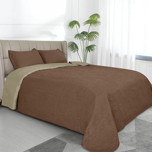 Easy-Going Full/Queen Size Reversible Quilt Set with 1 Quilt and 2 Pillow Shams, Soft Bed Quilt Cover, Water Resistant Lightweight Microfiber Bedspread, Stain Resistant, Damask-Brown/Beige