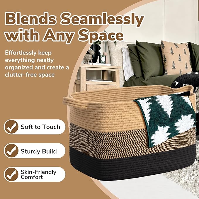 Goodpick 85L Large Woven Blanket Basket, Pillows & Toys, Living Room, Bedroom & - Image 5
