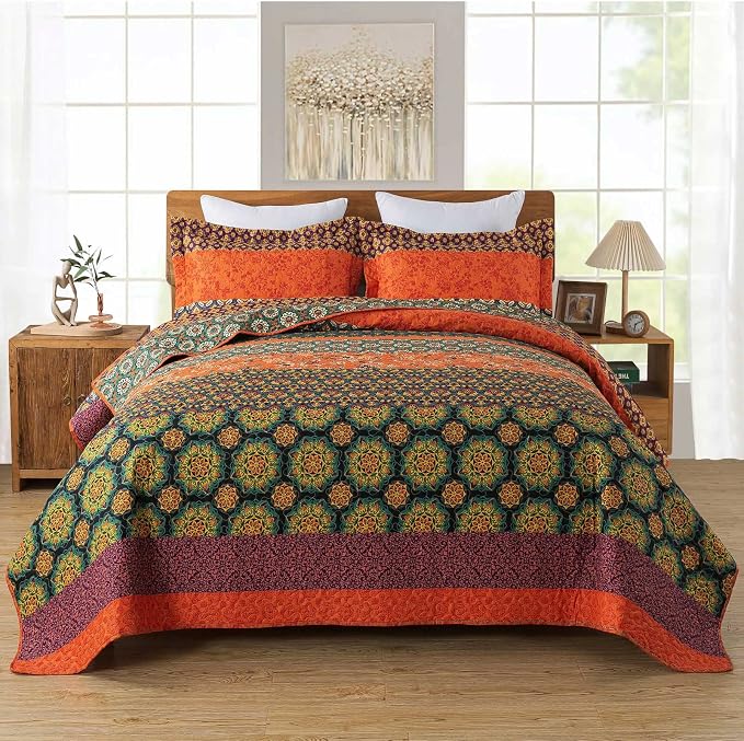 Boho Stripe Quilt Sets Floral Printed Reversible Soft Bohemian Bedding Set - Image 2