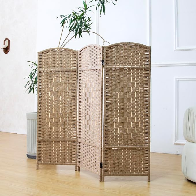 3 Panel Rattan Divider Short Room Partition Screen, Double Sided Folding Divider by Furnnylane